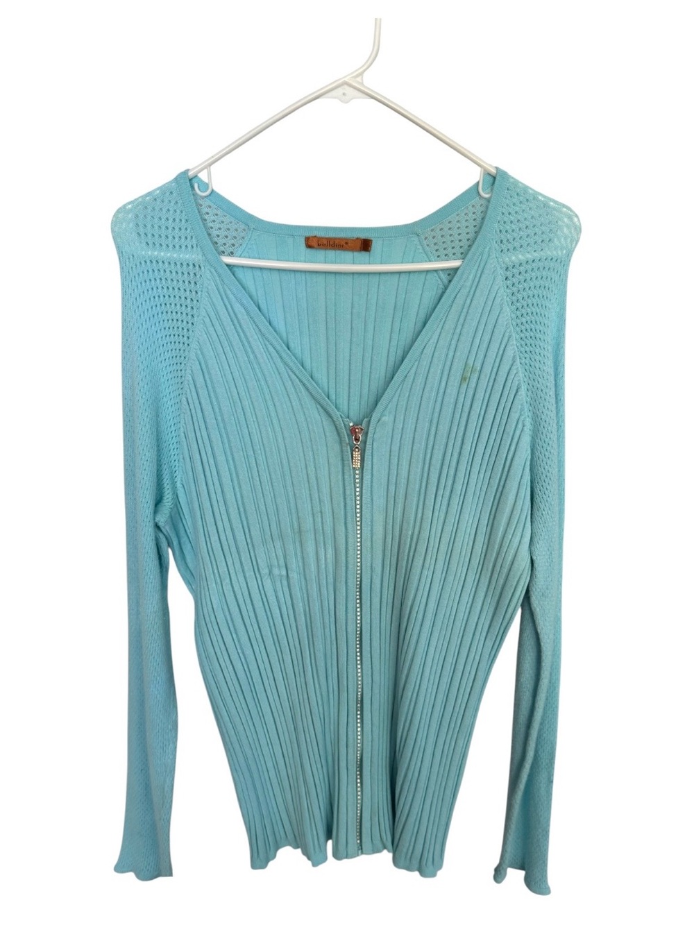 Belldini Light Blue Aqua Ribbed Zip Front Knit Top